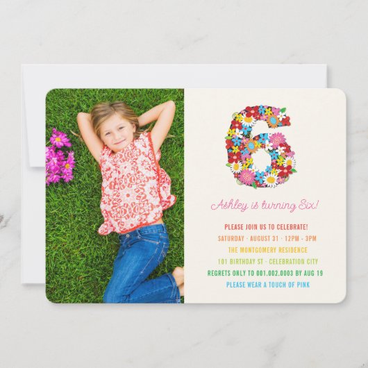 春の花ナンバーシックスガール6番目の誕生日写真 招待状 (正面)