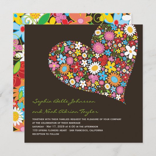 春の花ハートのお洒落結婚式の招待 招待状 (正面/裏面)