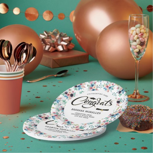 春の花パターン卒業タイポグラフィ ペーパープレート (複数)