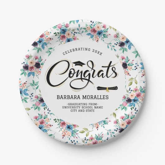 春の花パターン卒業タイポグラフィ ペーパープレート (正面)