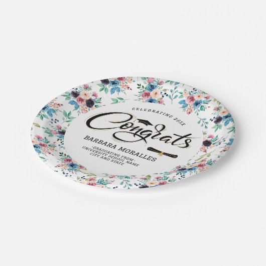 春の花パターン卒業タイポグラフィ ペーパープレート (アングル)
