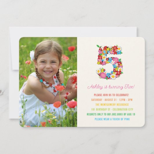 春の花ピンクガール5th誕生日フォト招待状 招待状 (正面)