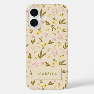 春の花ピンクグリーンフローラ名前をカスタムする iPhone 16ケース