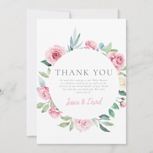 春の花ピンクサークルガールベビーシャワー サンキューカード (正面)