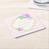 春の花ピンクストライプ色の赤ちゃんシャワーコースター スクエアペーパーコースター (アングル)