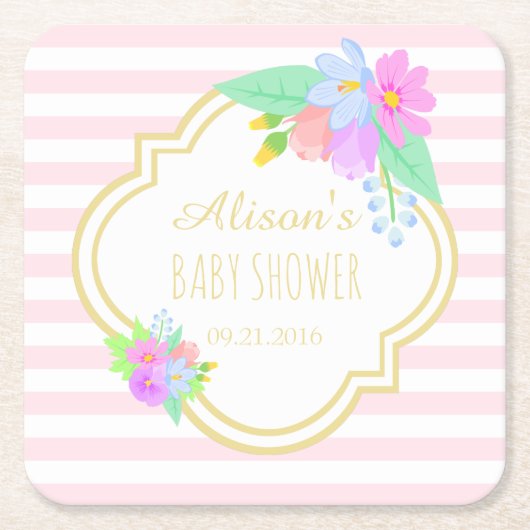 春の花ピンクストライプ色の赤ちゃんシャワーコースター スクエアペーパーコースター (正面)