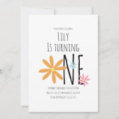 春の花ピンクブルーオレンジファースト誕生日 招待状 (正面)