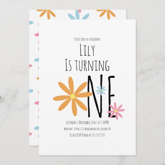 春の花ピンクブルーオレンジファースト誕生日 招待状 (正面/裏面)