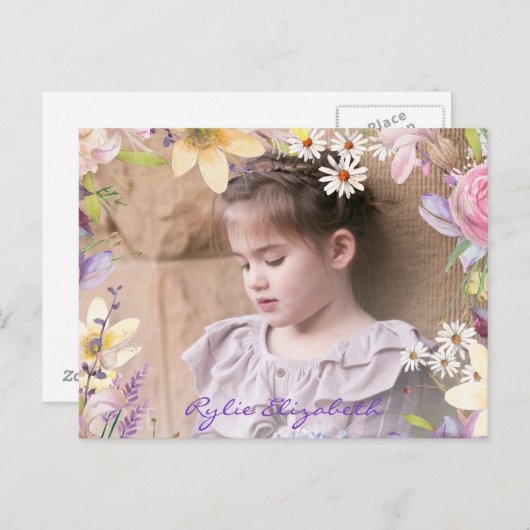 春の花フォトフレーム(編集可能文字) ポストカード (正面/裏面)