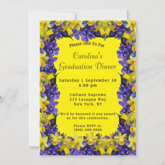 春の花フレーム黄色の卒業食事会 招待状 (正面)