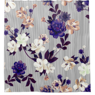 春の花ブラックシルエットパターン シャワーカーテン