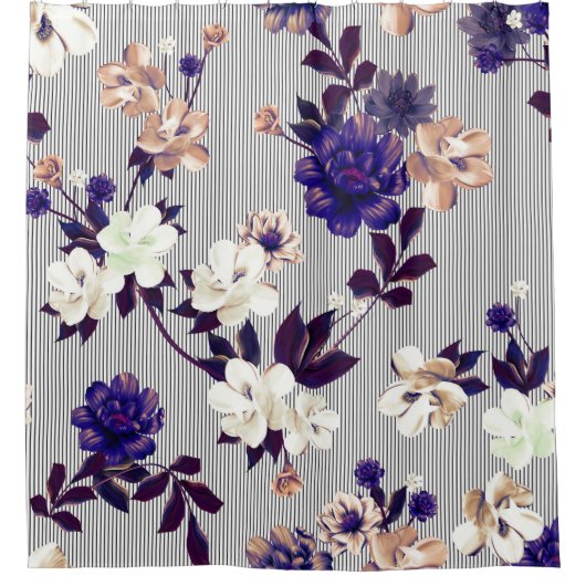 春の花ブラックシルエットパターン シャワーカーテン (正面)