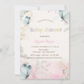 春の花ブルー蝶ベビーシャワー 招待状 (正面)