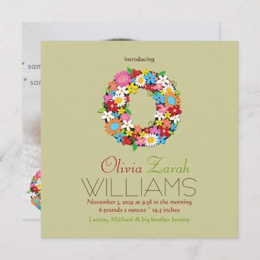 春の花モノグラムベビーガールフォト誕生 案内状 (正面/裏面)