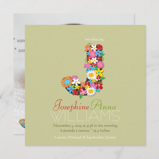 春の花モノグラムベビーガールフォト誕生 案内状 (正面/裏面)