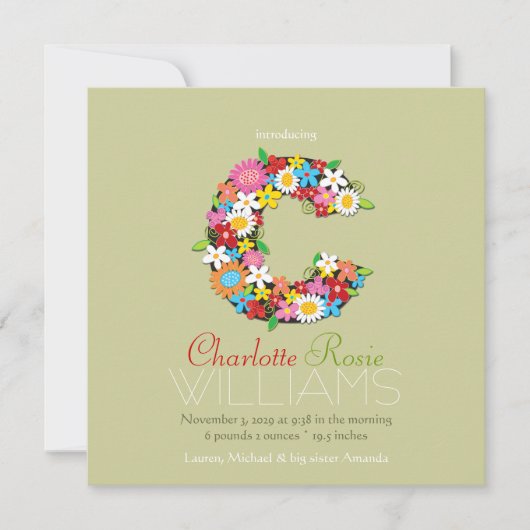 春の花モノグラムベビーガールフォト誕生 案内状 (正面)