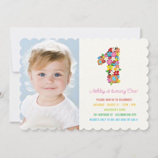 春の花ワンベビーガールファースト誕生日写真 招待状 (正面)