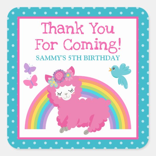 春の花咲くピンクのラマ & レインボー誕生日 スクエアシール (正面)