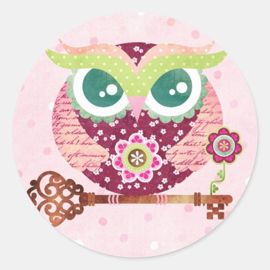 春の花咲くフクロウステッカー ラウンドシール (正面)