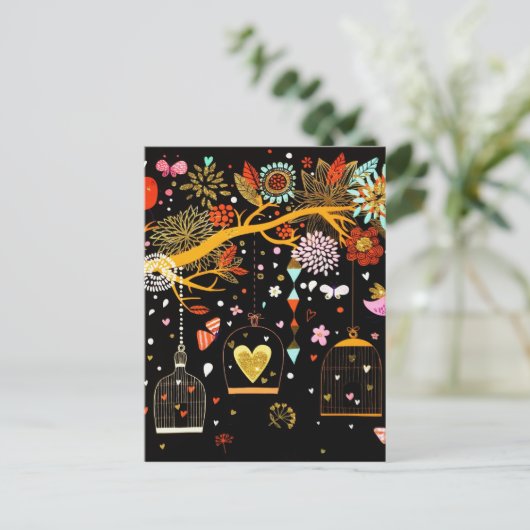 春の花咲く木に黄金の鳥が恋に落ちる ポストカード (スタンド正面)