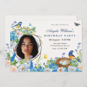 春の花園の鳥の誕生日 招待状 (正面/裏面)