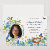 春の花園鳥の写真ベビーシャワー 招待状 (正面/裏面)