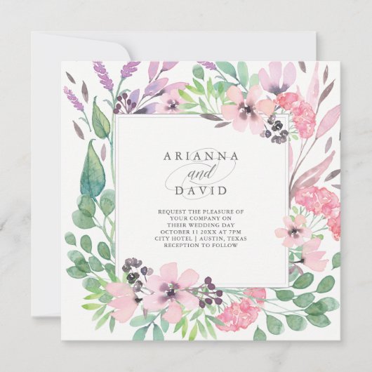 春の花束|の水彩画の花の結婚式の正方形 招待状 (正面)