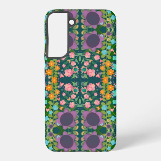 春の花柄 グリーン パープル SAMSUNG GALAXYケース (裏面)