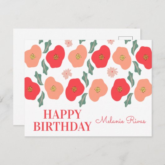 春の花柄 手描き 誕生日 ポストカード (正面/裏面)