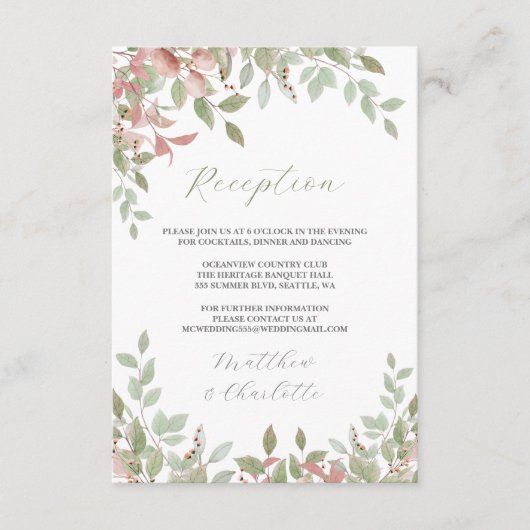 春の花水彩ピンクウェディングレセプション エンクロージャーカード (正面)