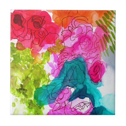 春の花水彩抽象芸術アート タイル (正面)