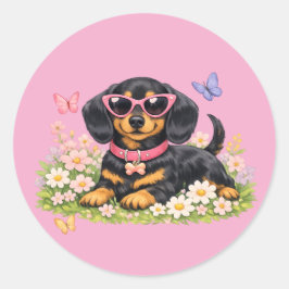 春の花畑で遊ぶかわいいダックスフント ラウンドシール