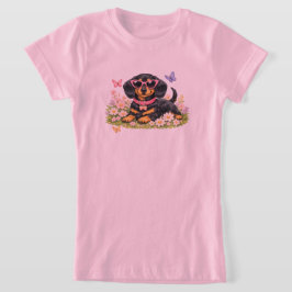 春の花畑で遊ぶかわいいダックスフント Tシャツ