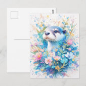 春の花畑に佇む青いカワウソの優雅な姿 ポストカード (正面/裏面)
