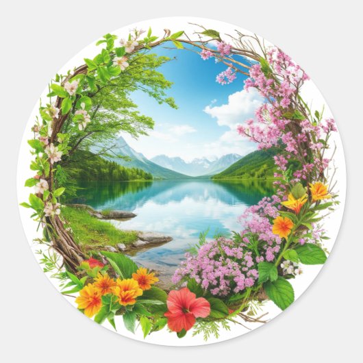 春の花輪が静かな山を額縁のように囲む ラウンドシール (正面)