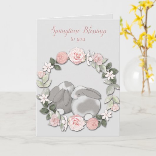 春の花輪のウサギ イースター カード (黄色い花)