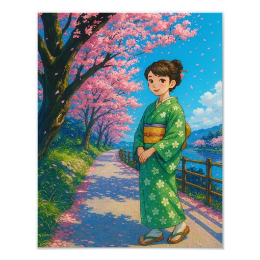 春の花道日本の- Kimono Girl Art フォトプリント (正面)