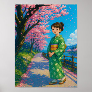 春の花道日本の- Kimono Girl Art ポスター
