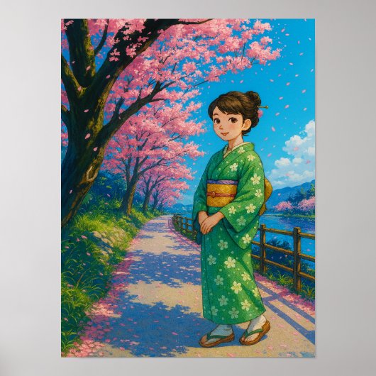 春の花道日本の- Kimono Girl Art ポスター (正面)