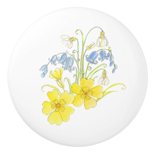 春の花黄色の青いインクと水色 セラミックノブ (正面)