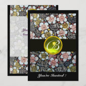 春の花 はいく ターコイズのモノグラム 招待状 (正面/裏面)