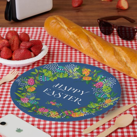 春の花&イースターエッグカラフルリース ペーパープレート (ピクニック)