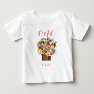 春の花 カップケーキ ガール 1歳の誕生日パーティー ベビーTシャツ