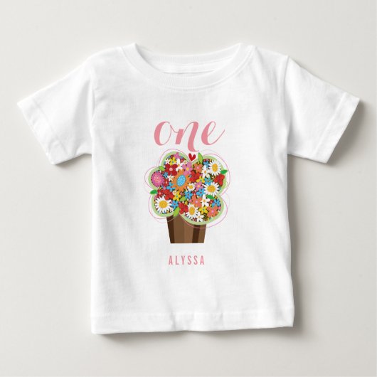 春の花 カップケーキ ガール 1歳の誕生日パーティー ベビーTシャツ (正面)