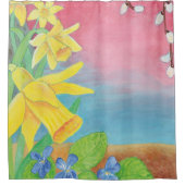 春の花、ダッフォジル、サリックス・カプレア&ヴィオレット シャワーカーテン (正面)