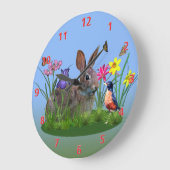 春の花、ロビン、バニー・ラビット ラージ壁時計 (傾斜)