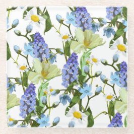 春の花。水仙、ムスカリ、デイジー。船乗り ガラスコースター