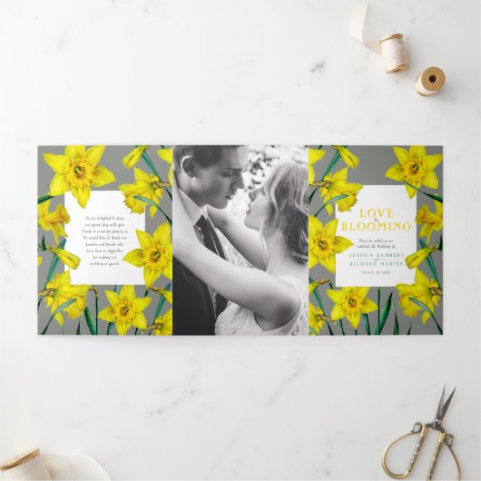 春の花 水仙 結婚式 黄色 灰色 三つ折りプログラム (外部)