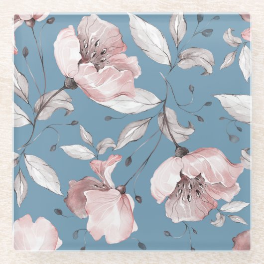 春の花、葉、シームレスなデザイン ガラスコースター (正面)