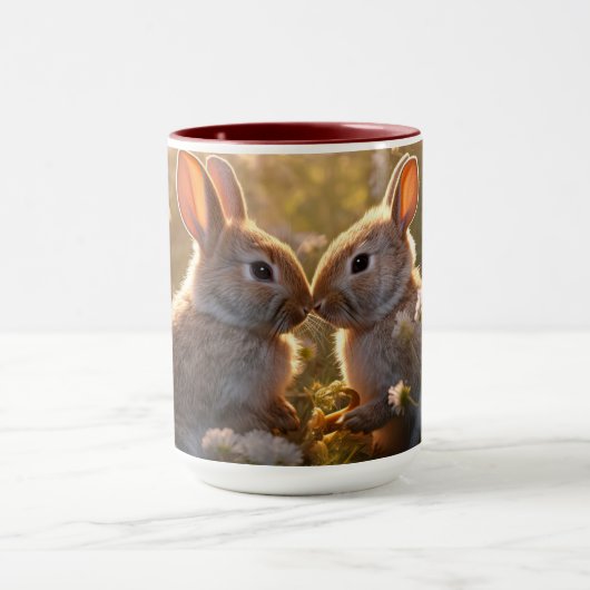 春の草原デザインの愛らしいウサギ マグカップ (中央)